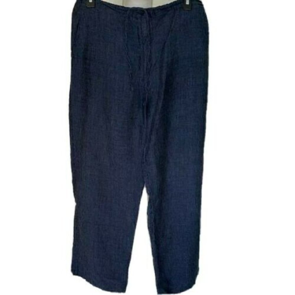 Bloomingdales Pants Size 14 Womens Blue Linen Zipper Relaxed Wide Leg Drawstring